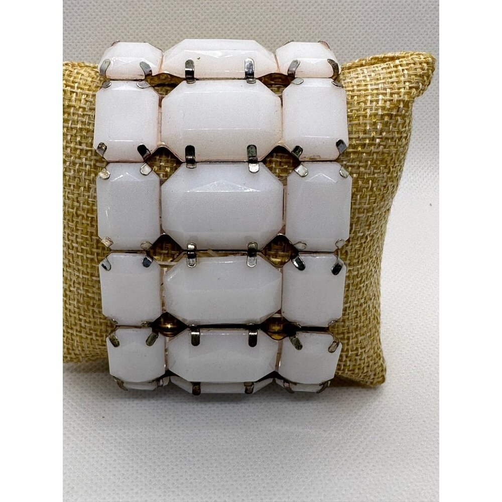Wide White Faceted Bracelet Silver-Tone Prong Setting & Stretch Fit For Women